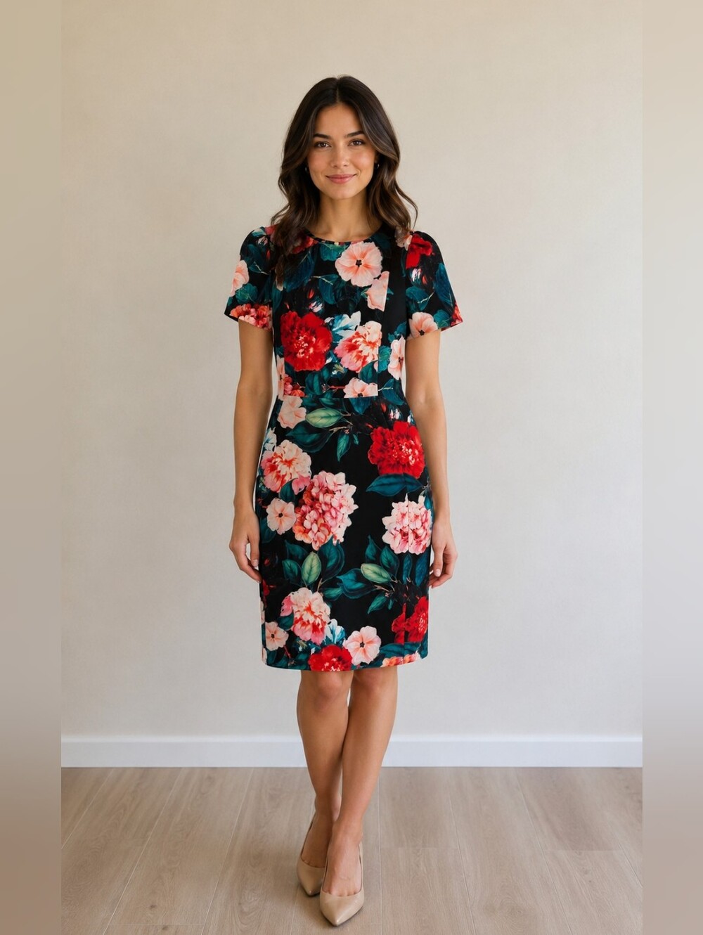 Calvin Klein Black Floral Sheath Dress with Red & Pink Blooms